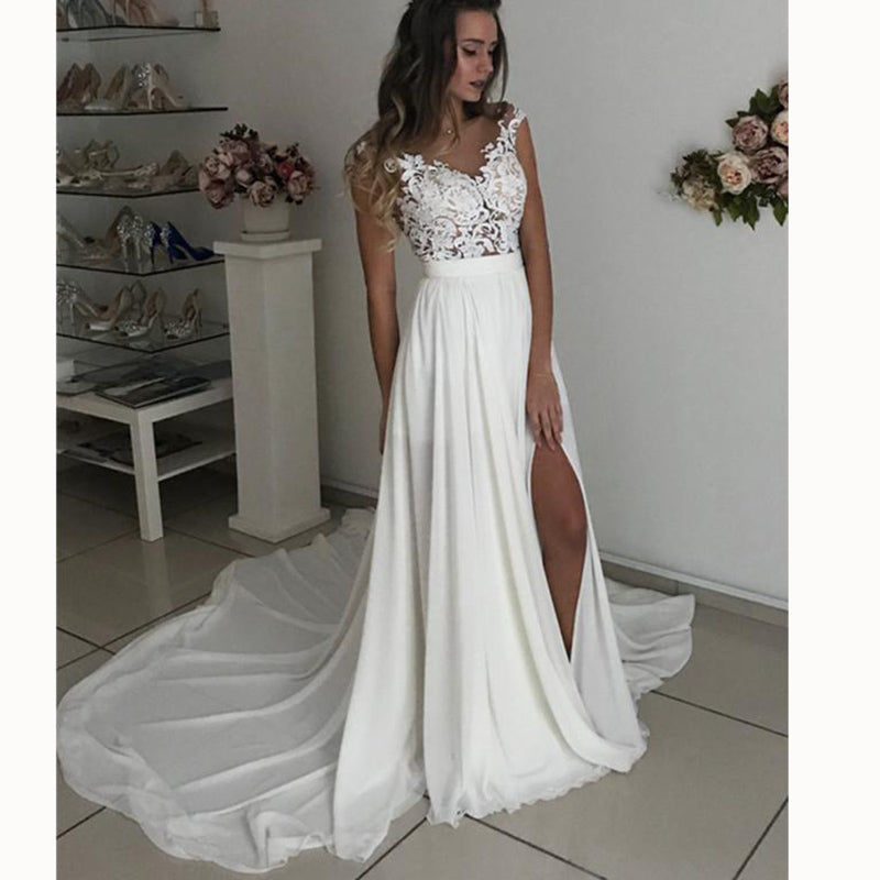 WD3375 Ivory Chiffon Beach Bridal Dresses 2018 with Lace Appliqued Slit Leg Sexy Wedding Gown