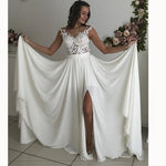 WD3375 Ivory Chiffon Beach Bridal Dresses 2018 with Lace Appliqued Slit Leg Sexy Wedding Gown