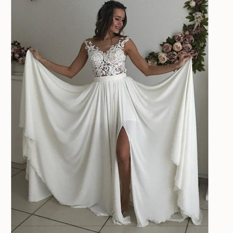 WD3375 Ivory Chiffon Beach Bridal Dresses 2018 with Lace Appliqued Slit Leg Sexy Wedding Gown