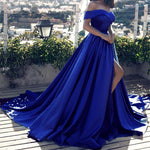 LP1258 Elegant Multi Color Long Evening Dress with Slit,Off the Shoulder Satin A Line Prom Dress 2018