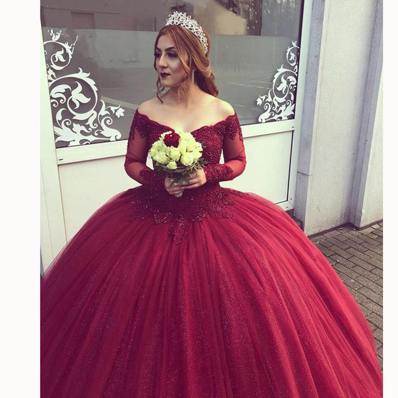 Burgundy Off the Shoulder Lace Princess Ball Gown Wedding Dress with Sleeves Vestido De Novias MO002