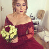 Burgundy Off the Shoulder Lace Princess Ball Gown Wedding Dress with Sleeves Vestido De Novias MO002