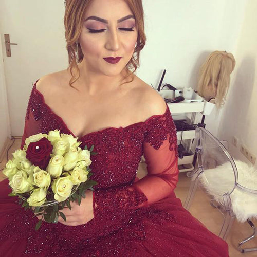 Burgundy Off the Shoulder Lace Princess Ball Gown Wedding Dress with Sleeves Vestido De Novias MO002