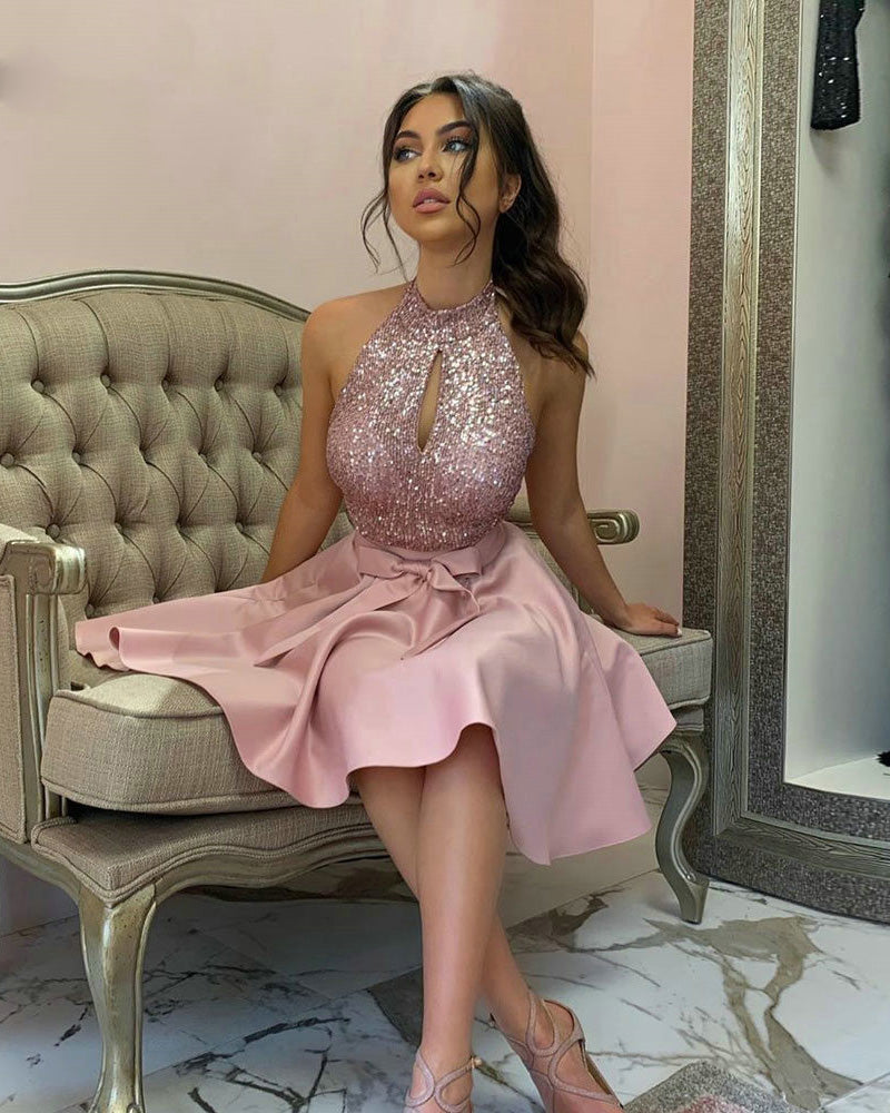 Vestido corto de fiesta con cuello halter y lentejuelas de color rosa empolvado para niñas Vestido corto de fiesta de graduación SP0929 