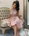 Sequins Dust Pink Halter Short Prom Dress Girls Short Homecoming Graduation Dress SP0929