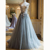 Long Blue Prom Dresses Tulle with Flowers Evening Party Formal Gown 2018