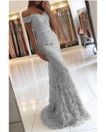 Mermaid Lace Silver Gray Prom Dresses Long Lace Gown PL3622
