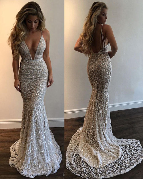 Sexy V-Neck Mermaid Prom Dresses Sleeveless Spaghetti Straps Prom Dresses C2391 main image 0