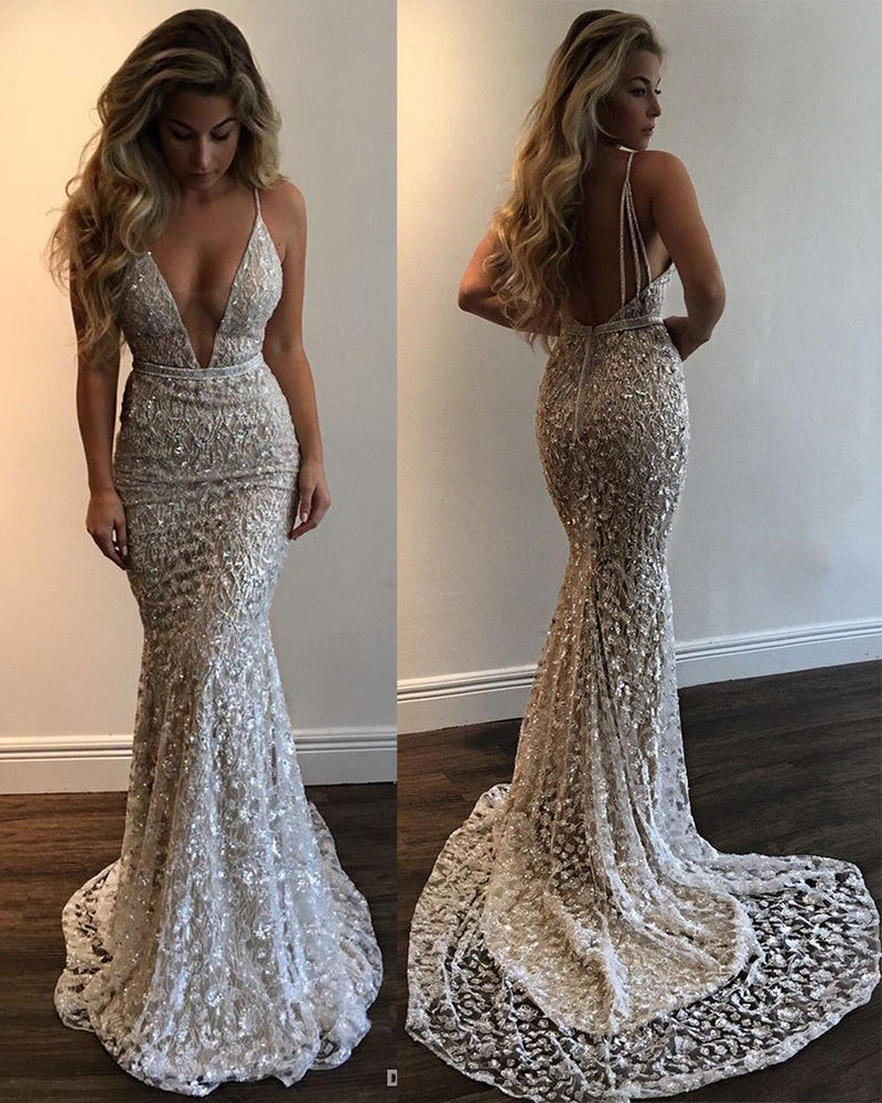 Sexy Lace Flowers Deep V-Neck Mermaid Fitted Prom Evening Gown Spaghetti Straps Women Party Dresses PL7700