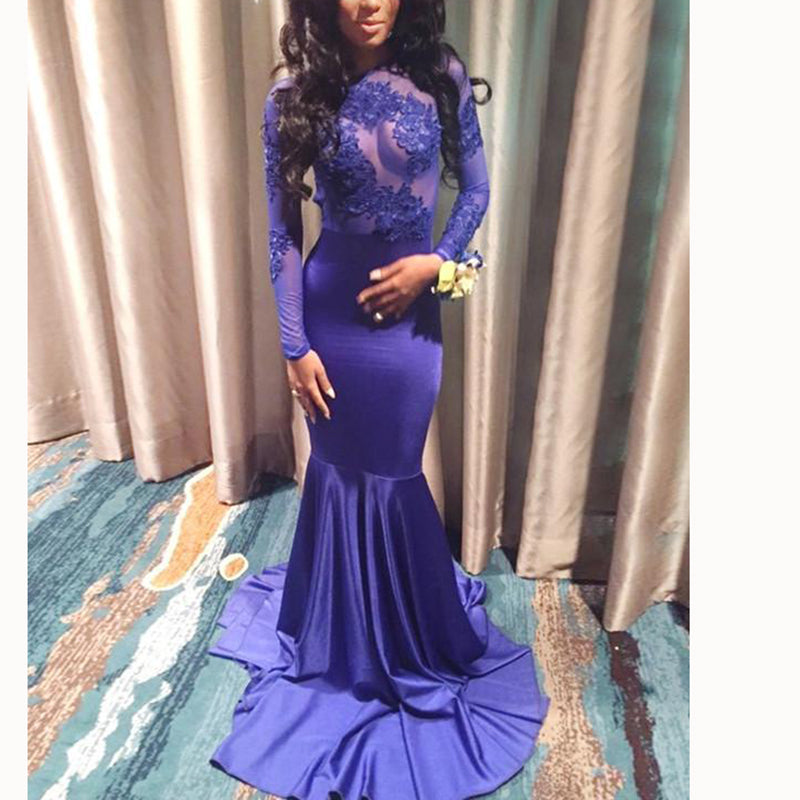 Royal Blue Mermaid Lace Long Sleeves Evening Dresses for Women,Formal Prom Gown