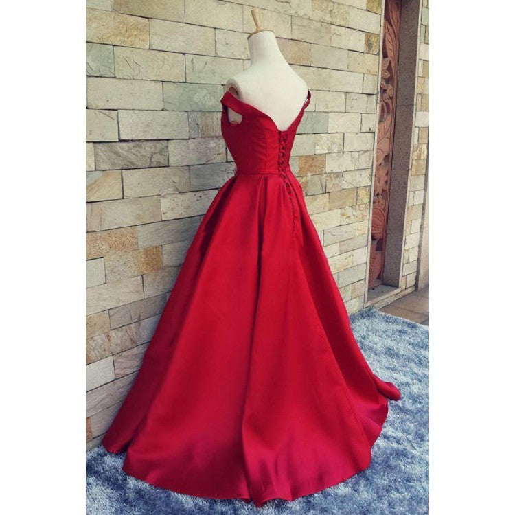 Elegant Off the Shoulder A Line Satin Red Prom Dress Long Formal Gown Vestido De Festa LP719