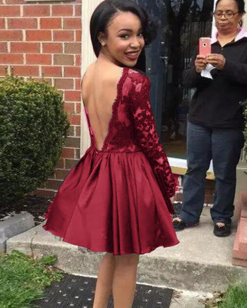 Africa Short Prom Dress Black A Line Lace with Long Sleeves Short Party Dresses Evening Wear