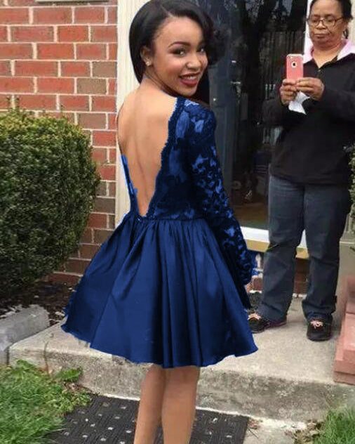 Africa Short Prom Dress Black A Line Lace with Long Sleeves Short Party Dresses Evening Wear