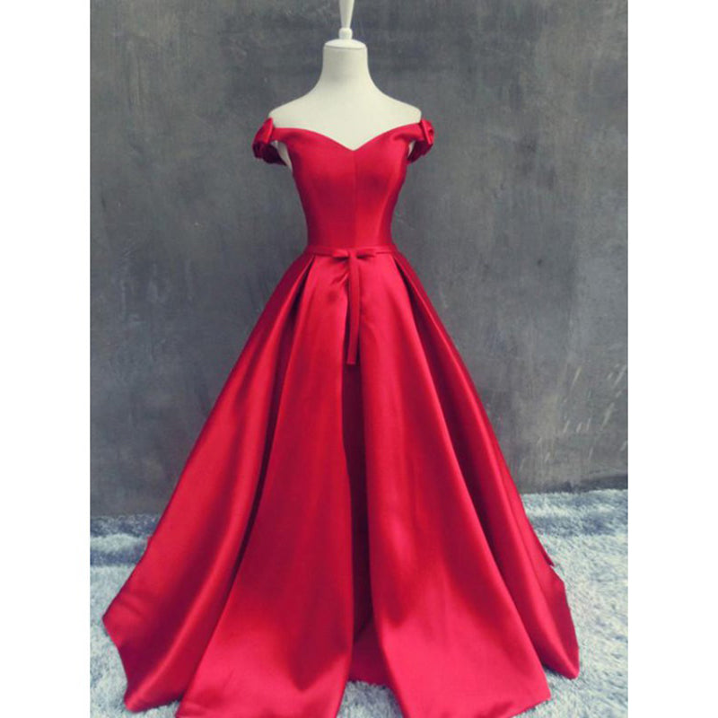 Elegant Off the Shoulder A Line Satin Red Prom Dress Long Formal Gown Vestido De Festa LP719