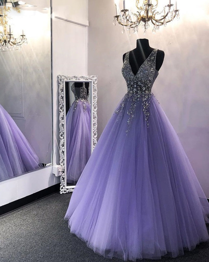 Amazing V Neck Beading Lavender Ball Gown Puffy Girls Sweet Quinceanera Dresses Prom Gown PL102191