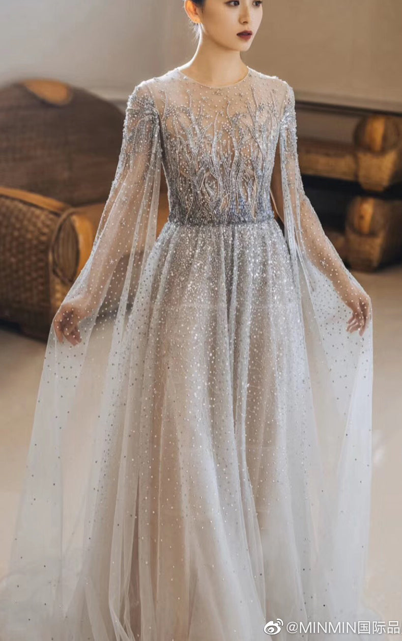 Luxury Beading Formal Prom Ball Dress, Silver Gray Arabic Style Dubai Siaoryne Luxury Beading Formal Prom Ball Dress, Silver Gray Arabic Style Dubai Siaoryne