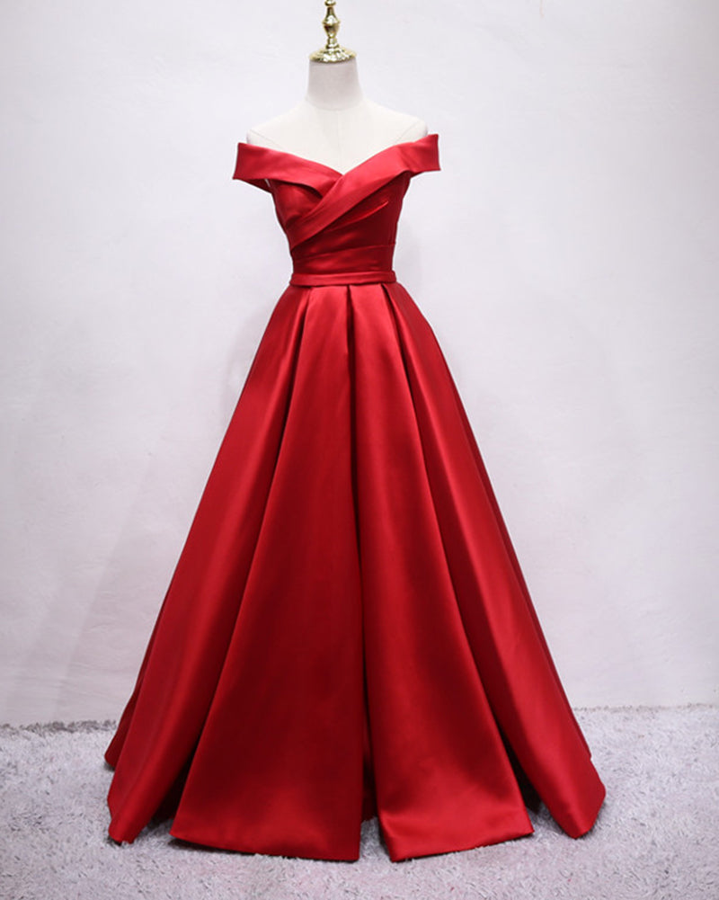 Elegant Off the Shoulder Pocket Burgundy Prom Party Dress Long Evening Gown PL08290