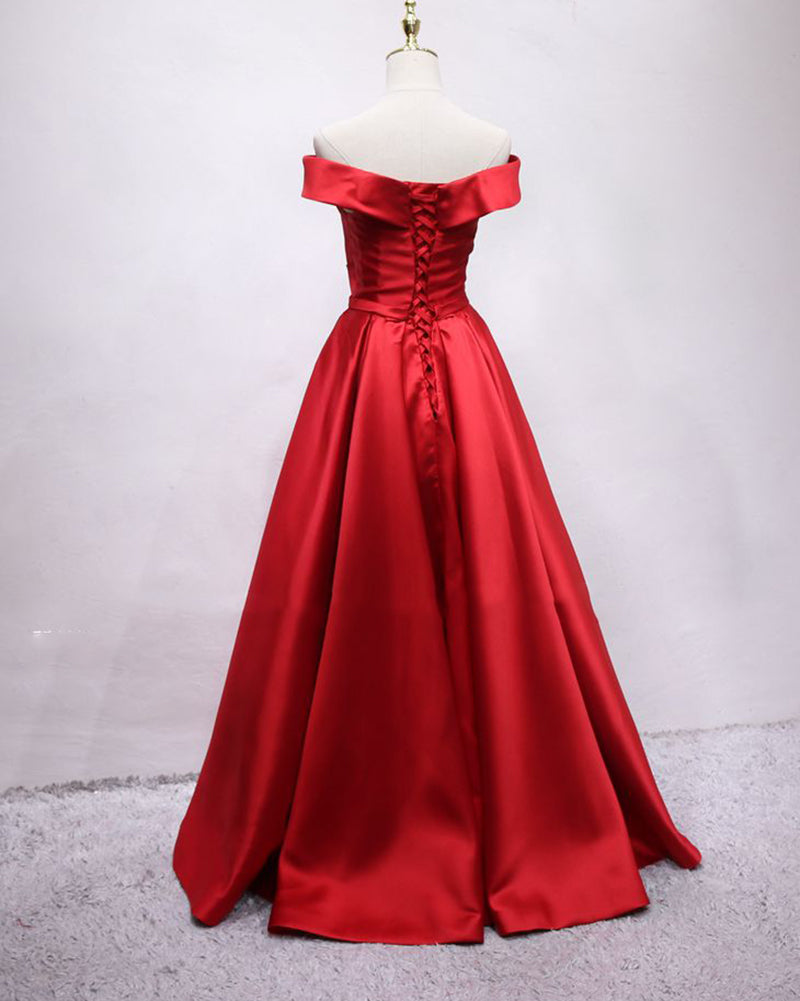 Elegant Off the Shoulder Pocket Burgundy Prom Party Dress Long Evening Gown PL08290