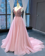 Pink Beading V Neck Tulle Women  Evening Long Dress Party Wedding Party Gown PL0608