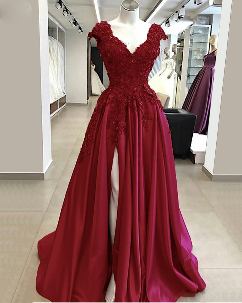 Siaoryne Elegant Cap Sleeves lace Prom Dress 2020 Long with Slit Eveni