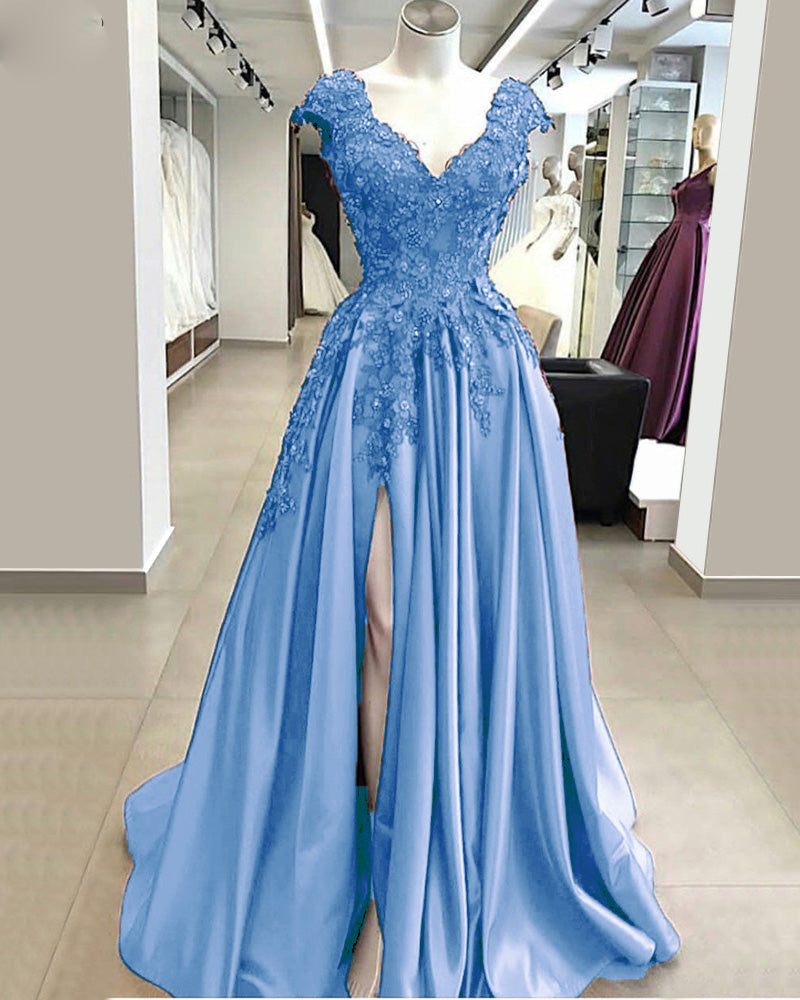 Siaoryne Elegant Cap Sleeves lace Prom Dress 2020 Long with Slit Evening Gowns PL6952