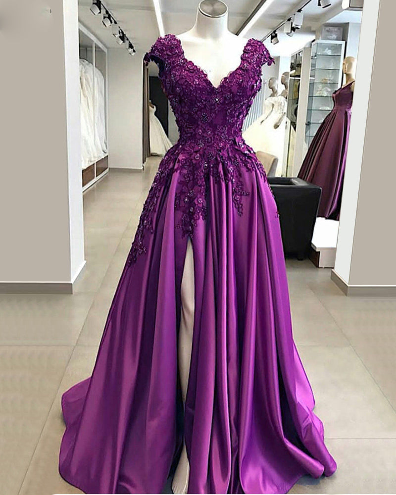 Siaoryne Elegant Cap Sleeves lace Prom Dress 2020 Long with Slit Evening Gowns PL6952