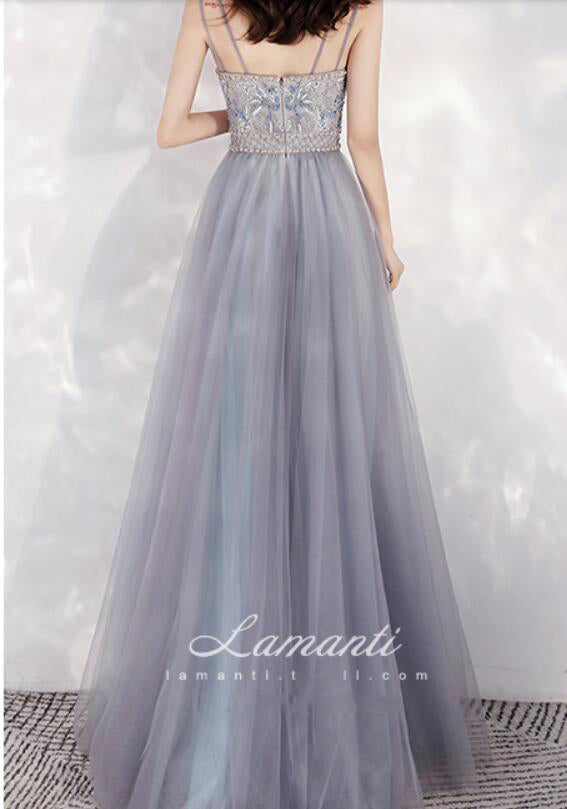 Amazing Gray/Blue Two Tunes Long Party Prom Dress with Straps Vestidos Longo PL0829