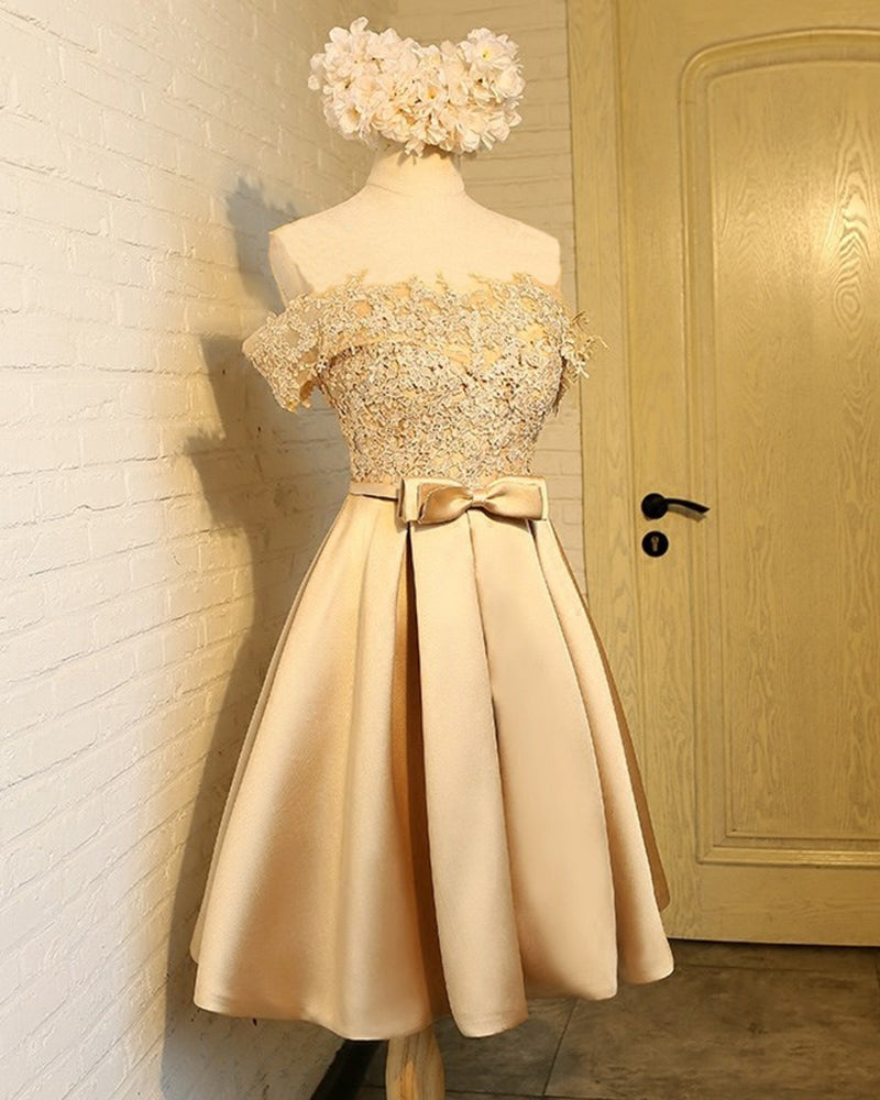 Champagne Short Prom Dresses Off the Shoulder Satin and Lace Homecoming Graduation Gown for Girls SP10118