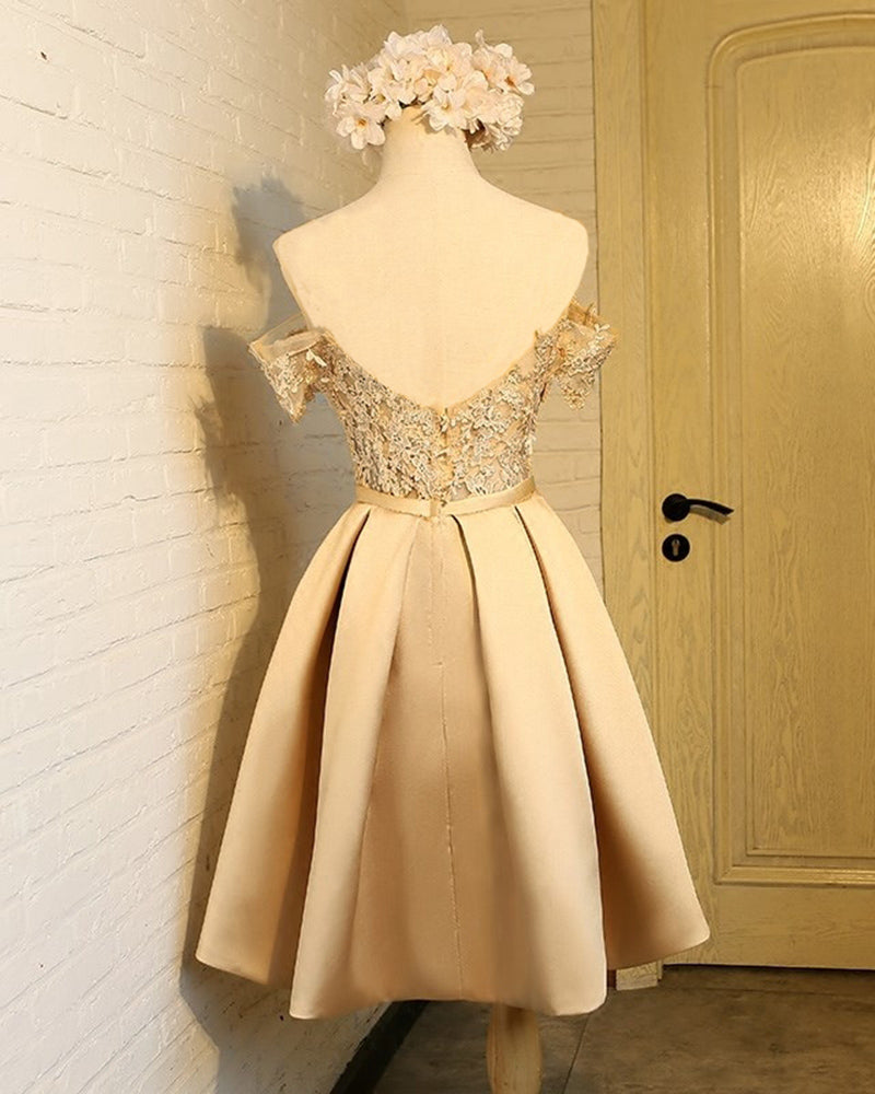 Champagne Short Prom Dresses Off the Shoulder Satin and Lace Homecoming Graduation Gown for Girls SP10118