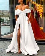 A Line Satin Off the Shoulder Ivory Wedding Dress Long WD2223