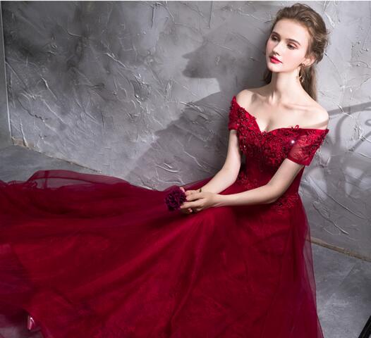 Burgundy Red Off the Shoulder Beading Long Prom Dresses Elegant Formal Gowns