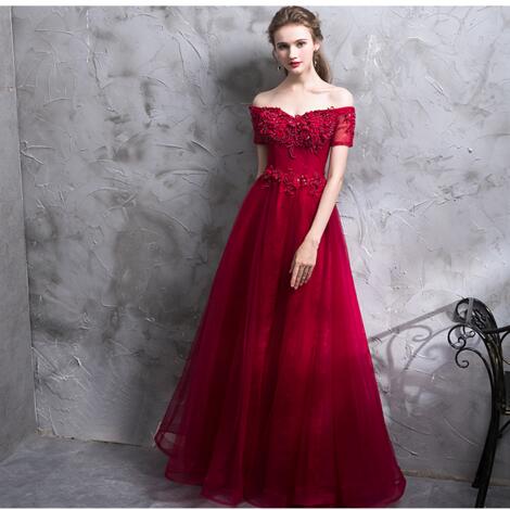Burgundy Red Off the Shoulder Beading Long Prom Dresses Elegant Formal Gowns