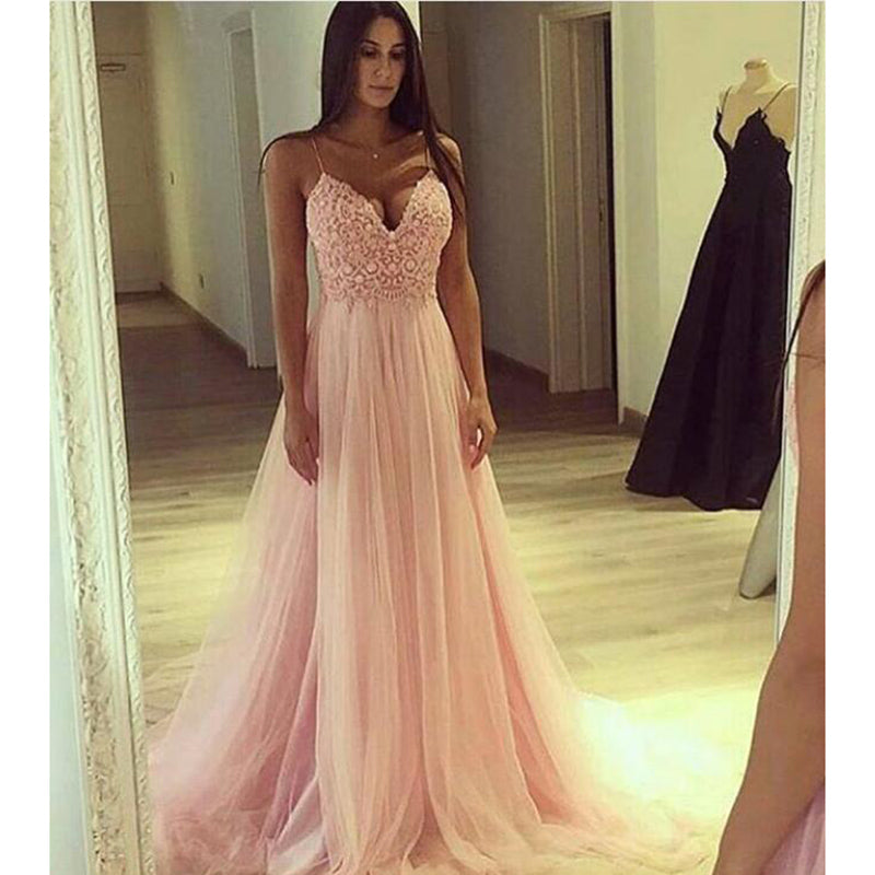 Pink Spaghetti Straps A Line Tulle Prom Dress Long Formal Gown