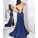 Royal Blue Sexy Split Lace Appliques Long Evening Formal Gowns 2018 Prom Gown