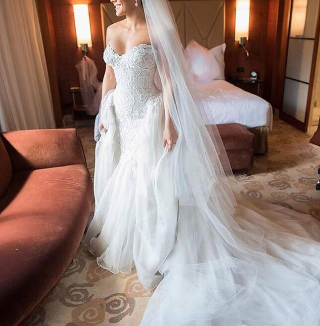 WD354 Vestido de novia de sirena con cola desmontable, vestido de novia de cola larga de lujo 2018