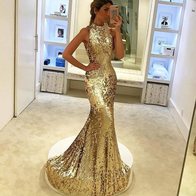 Gold Sequins Prom Dress Sexy high Neck Mermaid Long Party Evening Gown ...