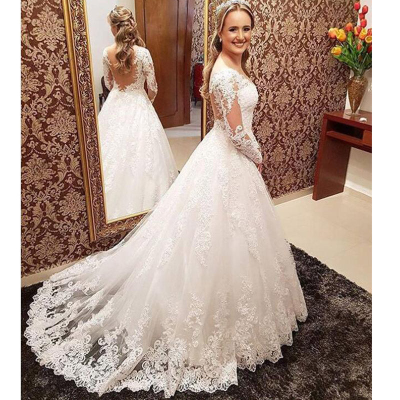 WD574 Vestidos de novia vintage de manga larga 2018, vestido de novia de encaje con cola de corte hecho a medida