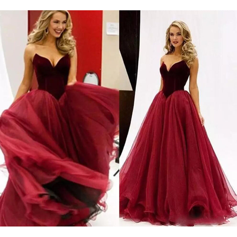 Gorgeous Burgundy A Line Long Prom Dresses Velvet Sweetheart Party Gowns,Organza Evening Formal Gown  LP852