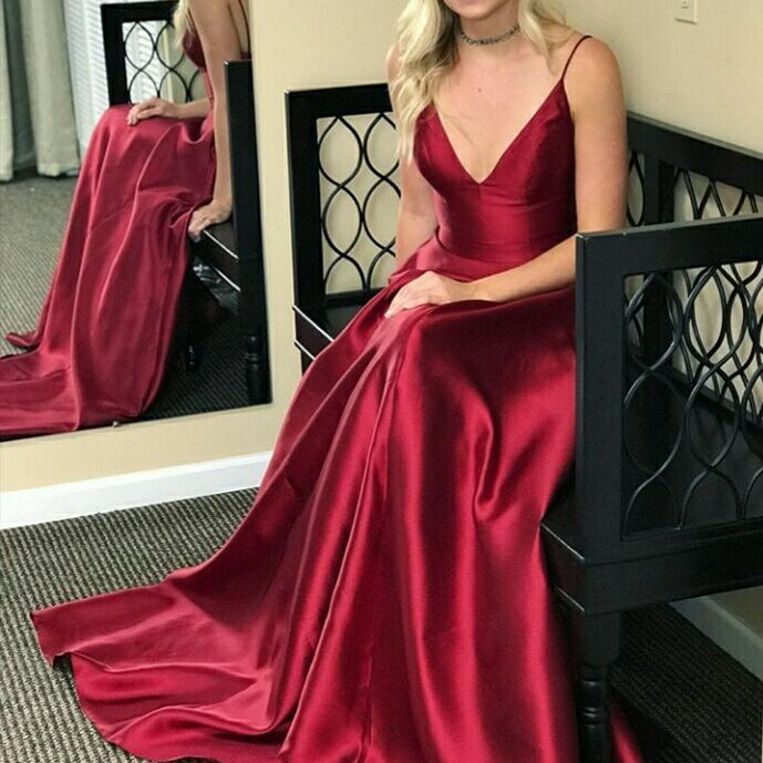 Siaoryne Burgundy Spaghetti Straps Long Prom Dresses,Girls formal gown