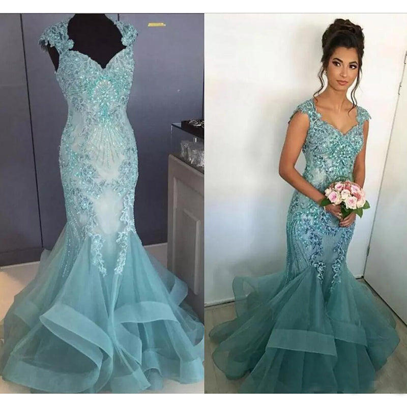 WD5698 Vestidos de novia de sirena con encaje azul aguamarina, ajustados y acampanados, vestidos de novia 2018, vestidos formales para mujer