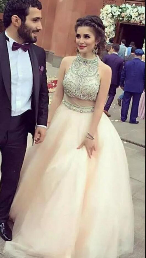 LP521 Crop Top Prom Dress Beaded,High Neck Two Pieces vestido de festa Long Evening Party Gown
