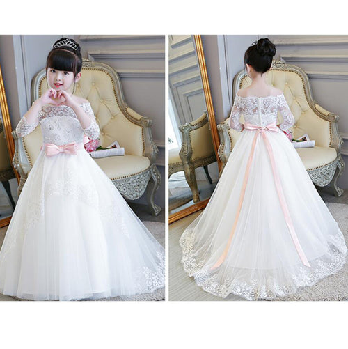 LP2695 Off the Shoulder Lace Flower Girl Dress Long Sleeves Little Girl Wedding Gown first communion dress