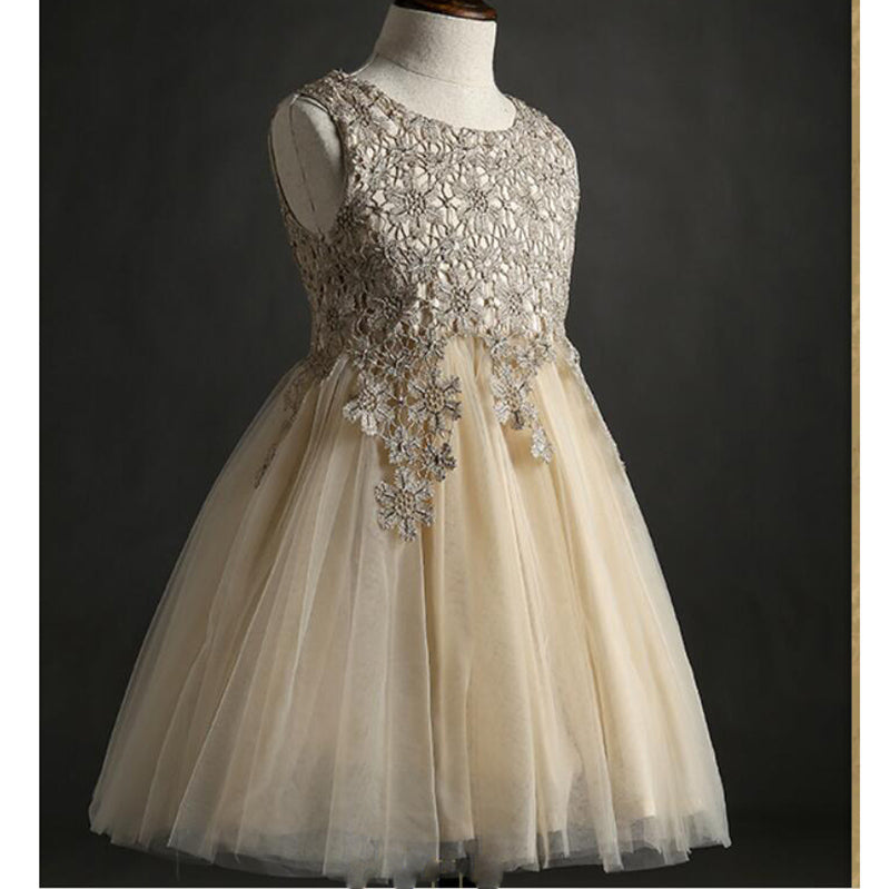SP2365 Cute Lace Appliqued Champagne Pink Flower Girl Dress,Child Birthday party Gown Knee Length,Ball Gown Communion Gown