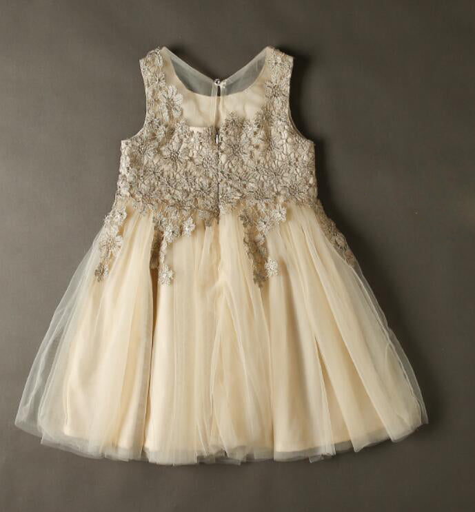 SP2365 Cute Lace Appliqued Champagne Pink Flower Girl Dress,Child Birthday party Gown Knee Length,Ball Gown Communion Gown