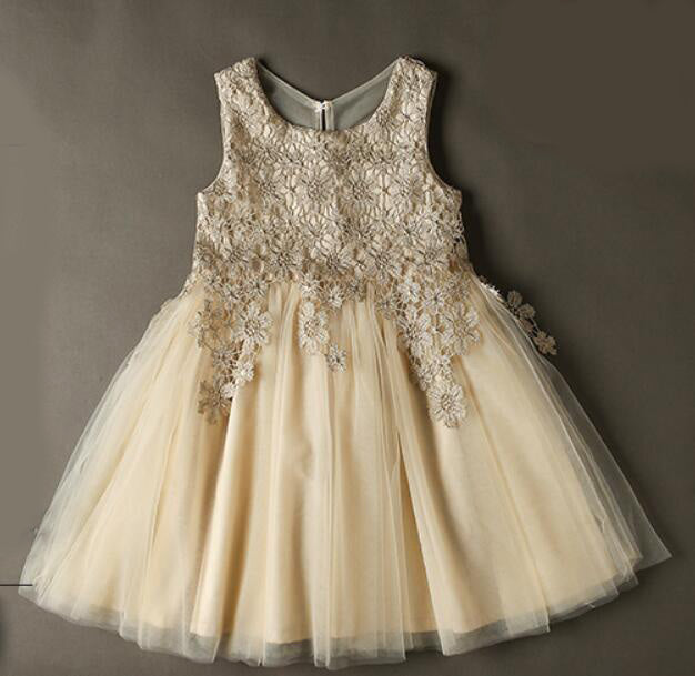 SP2365 Cute Lace Appliqued Champagne Pink Flower Girl Dress,Child Birthday party Gown Knee Length,Ball Gown Communion Gown