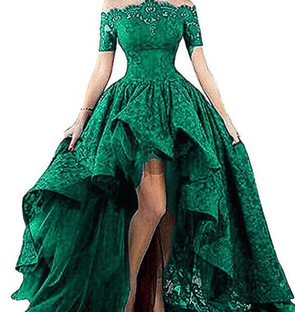 Gorgeous LP1121 Lace Prom Dress Short Sleeve Formal High Low Evening dress 2022 Off The Shoulder Vestido De Festa