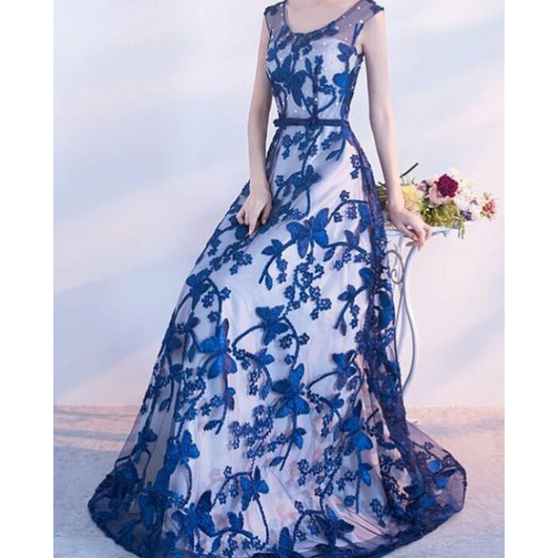LP2236 Scoop Neck Long 2018  Embroidery Lace Blue Prom Dress A Line Evening Formal Gown