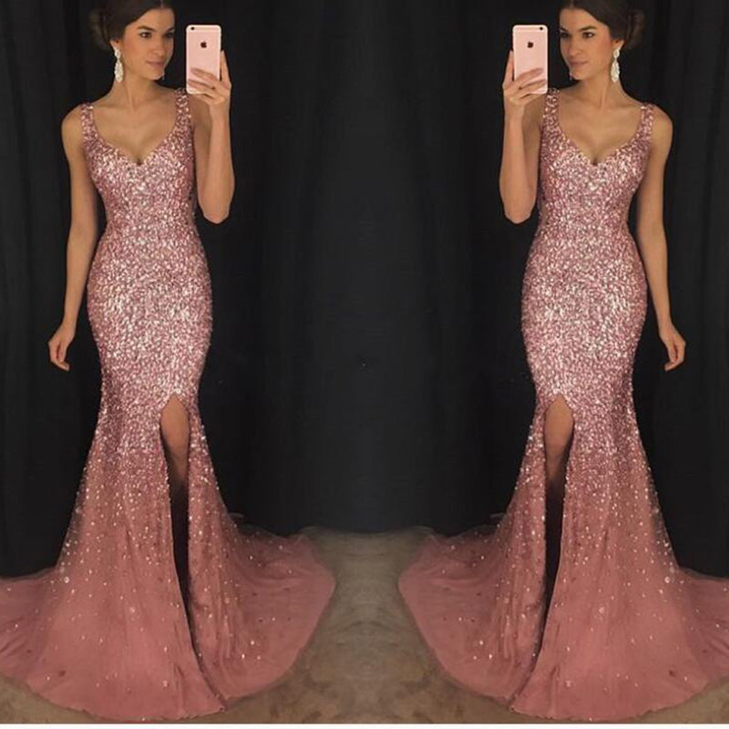 LP3069 Sexy Split Mermaid Prom Dresses 2019 Heavy Beaded Crystal Long Formal Evening Gowns abendkleider