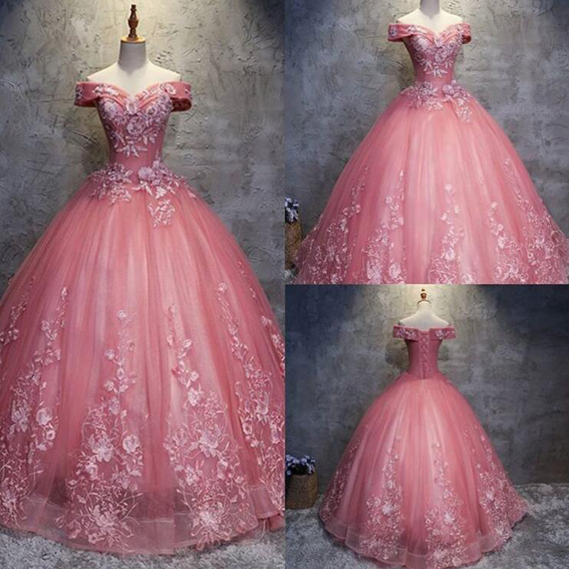 LP7892 Princess Off the Shoulder Lace Flower Prom Dress Bacll Gown Quinceanera Dress Pink Wedding Party Gown