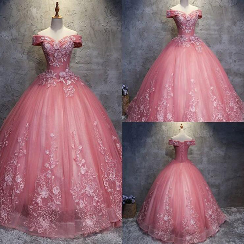 LP7892 Princesse Hors De L'épaule Dentelle Fleur Robe De Bal Robe De Bal Robe De Quinceanera Robe De Soirée De Mariage Rose 